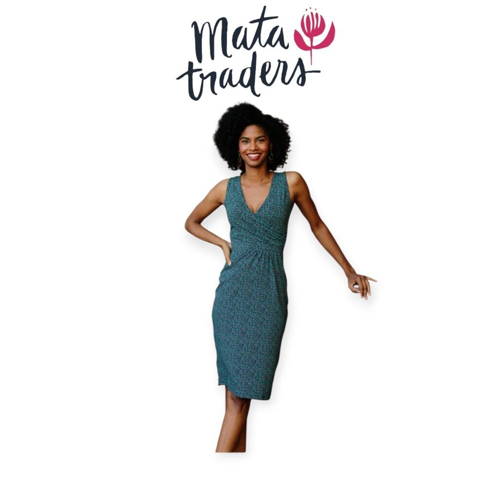 Mata Traders Delia Wrap Dress Medium Organic Cotton Confetti Print Blue Red